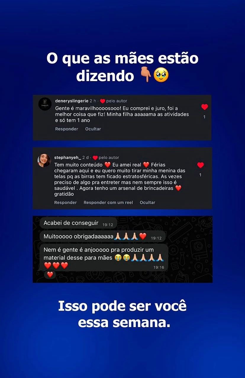 Montagem azul com elogios de mães sobre as atividades