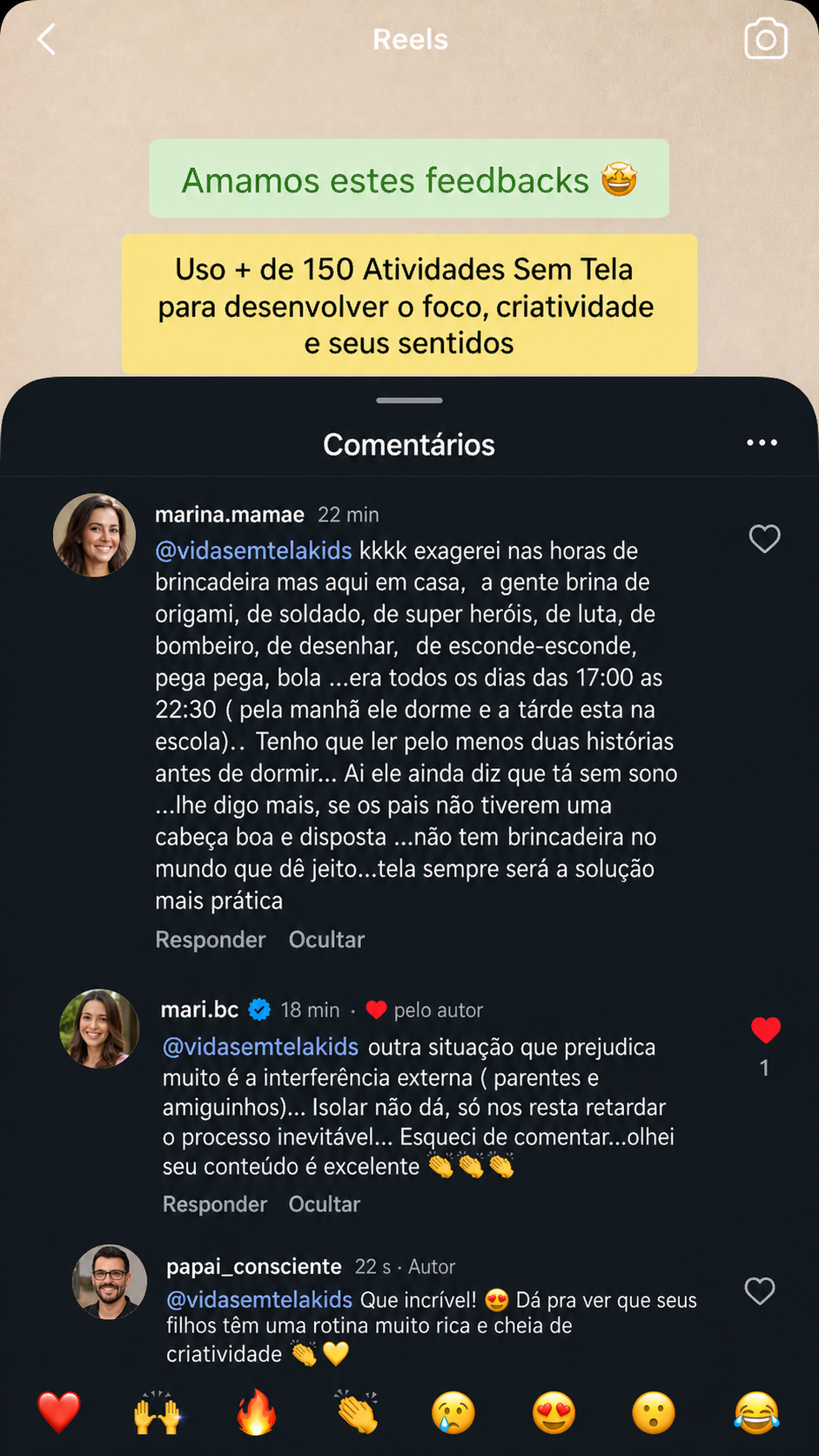 Comentários longos em reels elogiando a rotina sem telas e a criatividade
