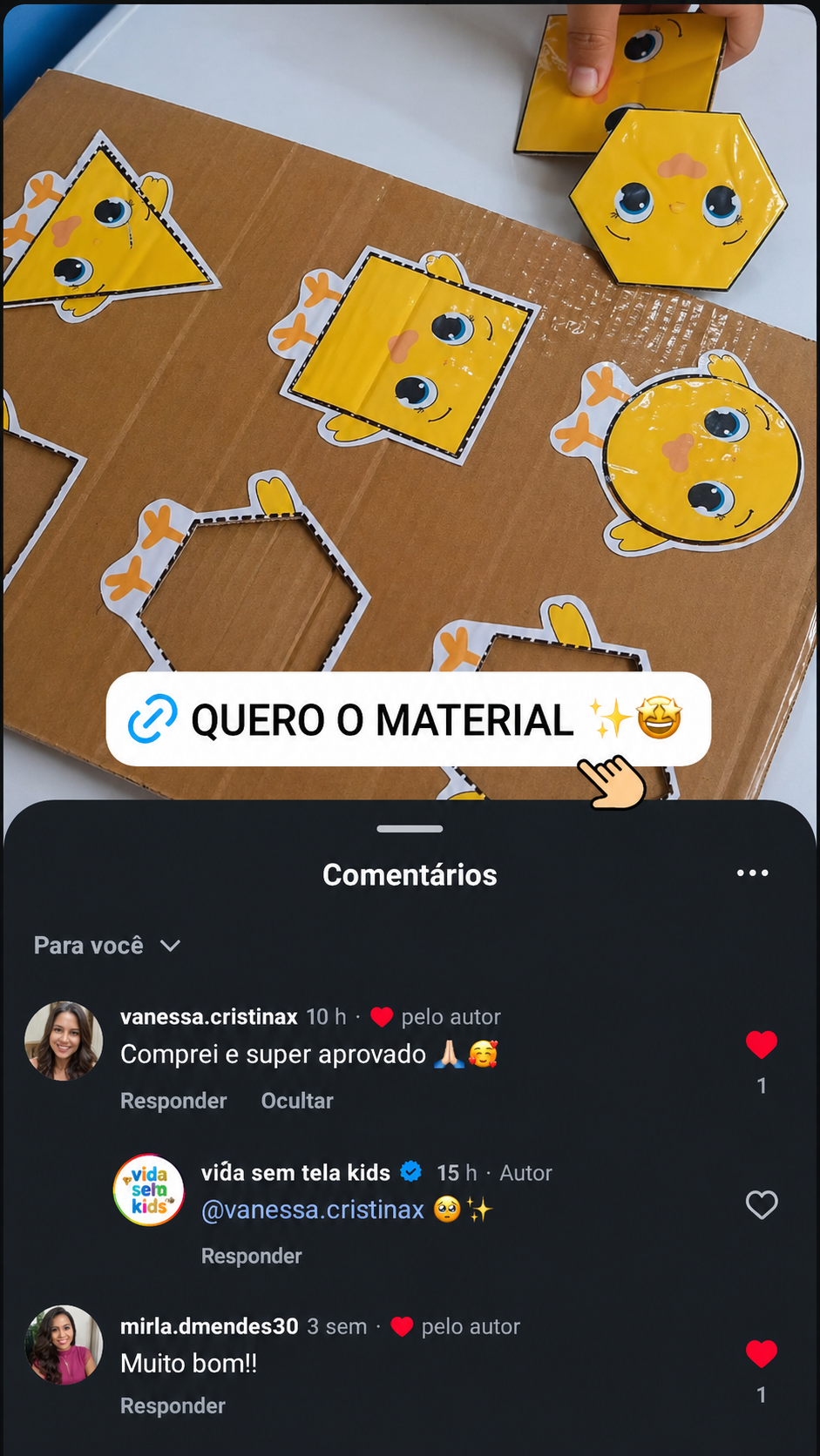 Comentários aprovando o material com atividade de formas infantis
